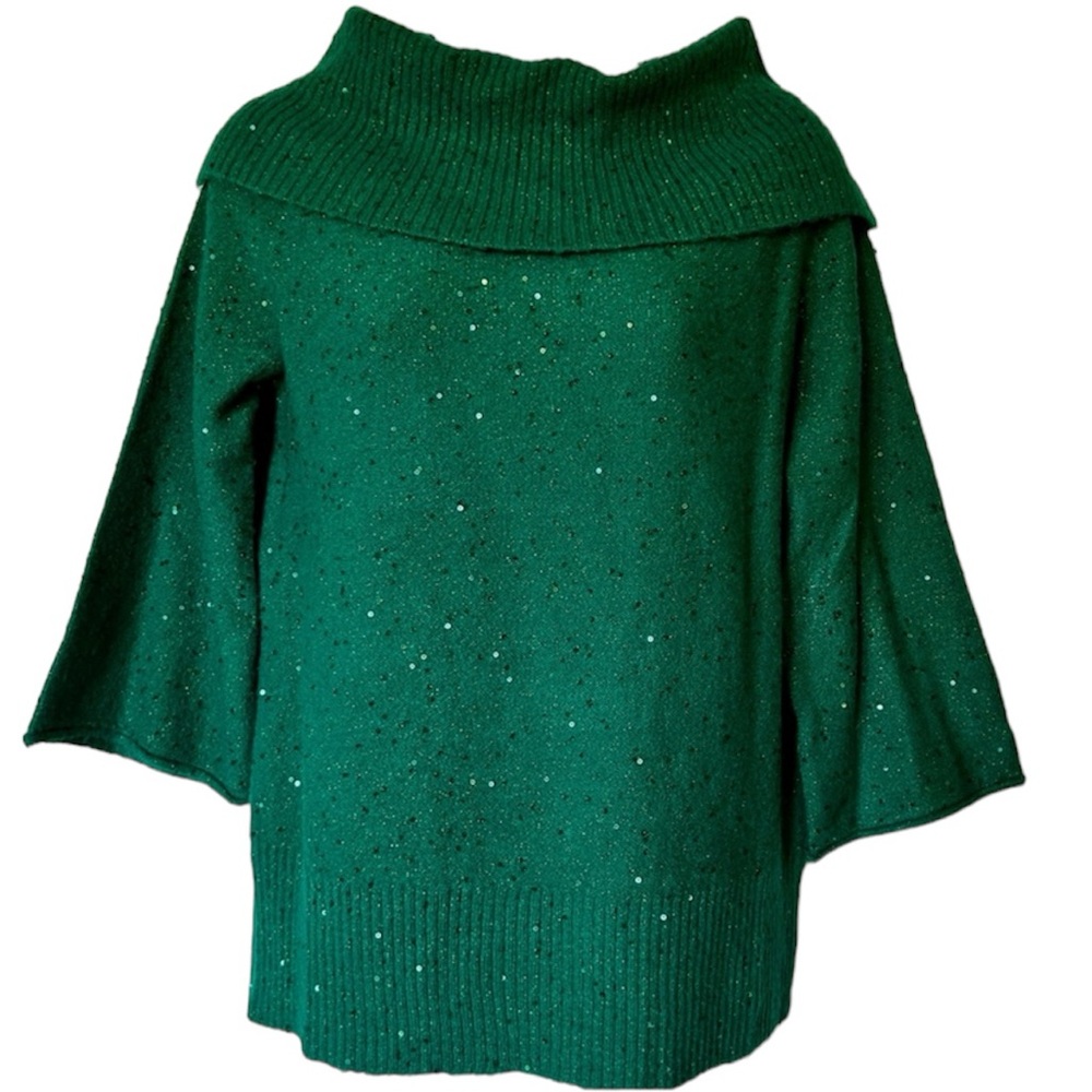 Cato Emerald Green Sequin Cowl Neck 3/4 Bell Sleeve Sweater XS NWOT